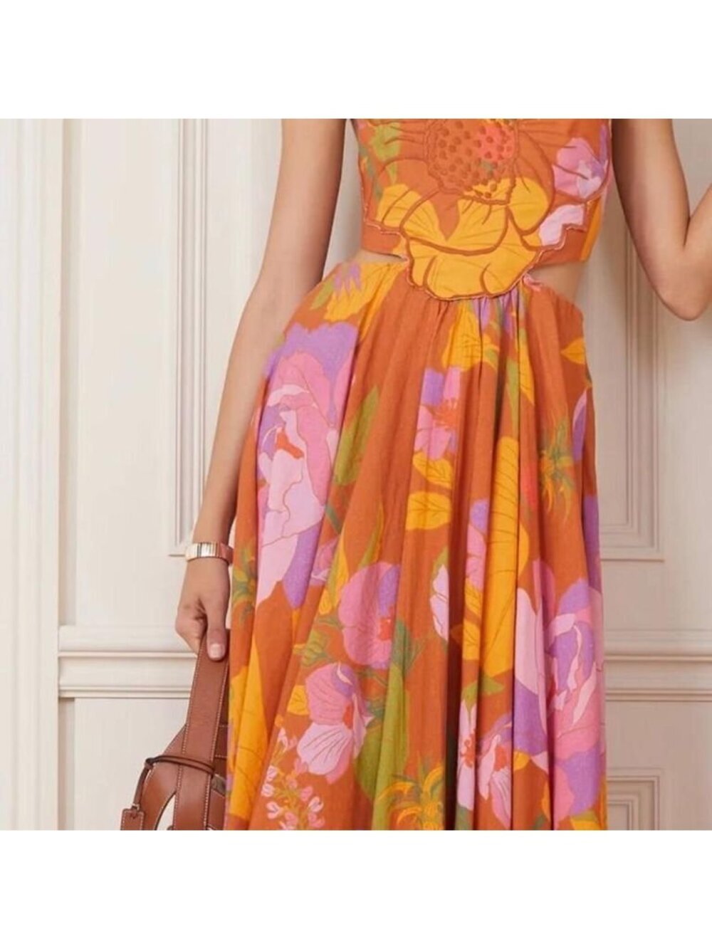 NWT Farm Rio Orange Large Maxi Dress Flower Cutout Vacation Tropical Floral Vaca - Picture 3 of 8